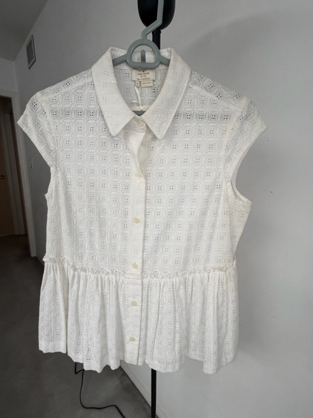 kate spade White Eyelet Peplum Sleeveless Button-Down Top